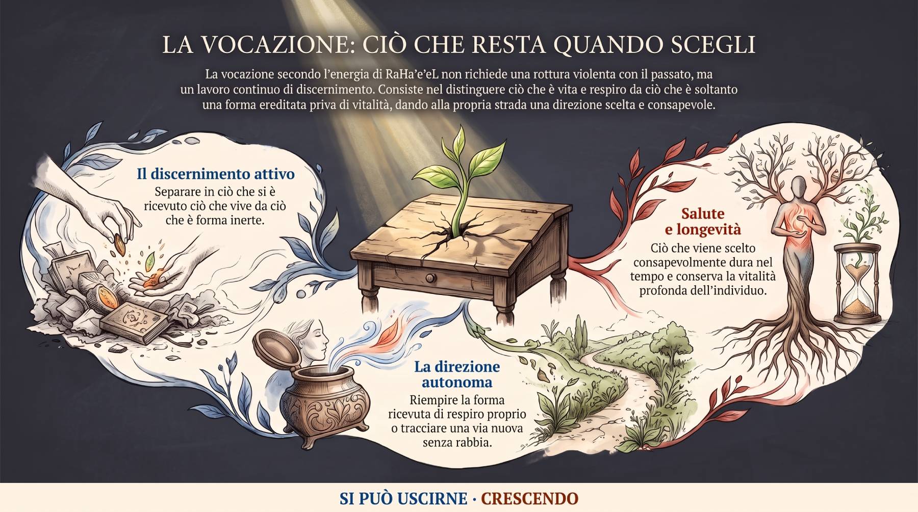 Infografica Parte V — La vocazione: ciò che resta quando scegli. Un germoglio spunta da uno scrittoio incrinato: discernimento attivo, direzione autonoma, salute e longevità di ciò che viene scelto.
