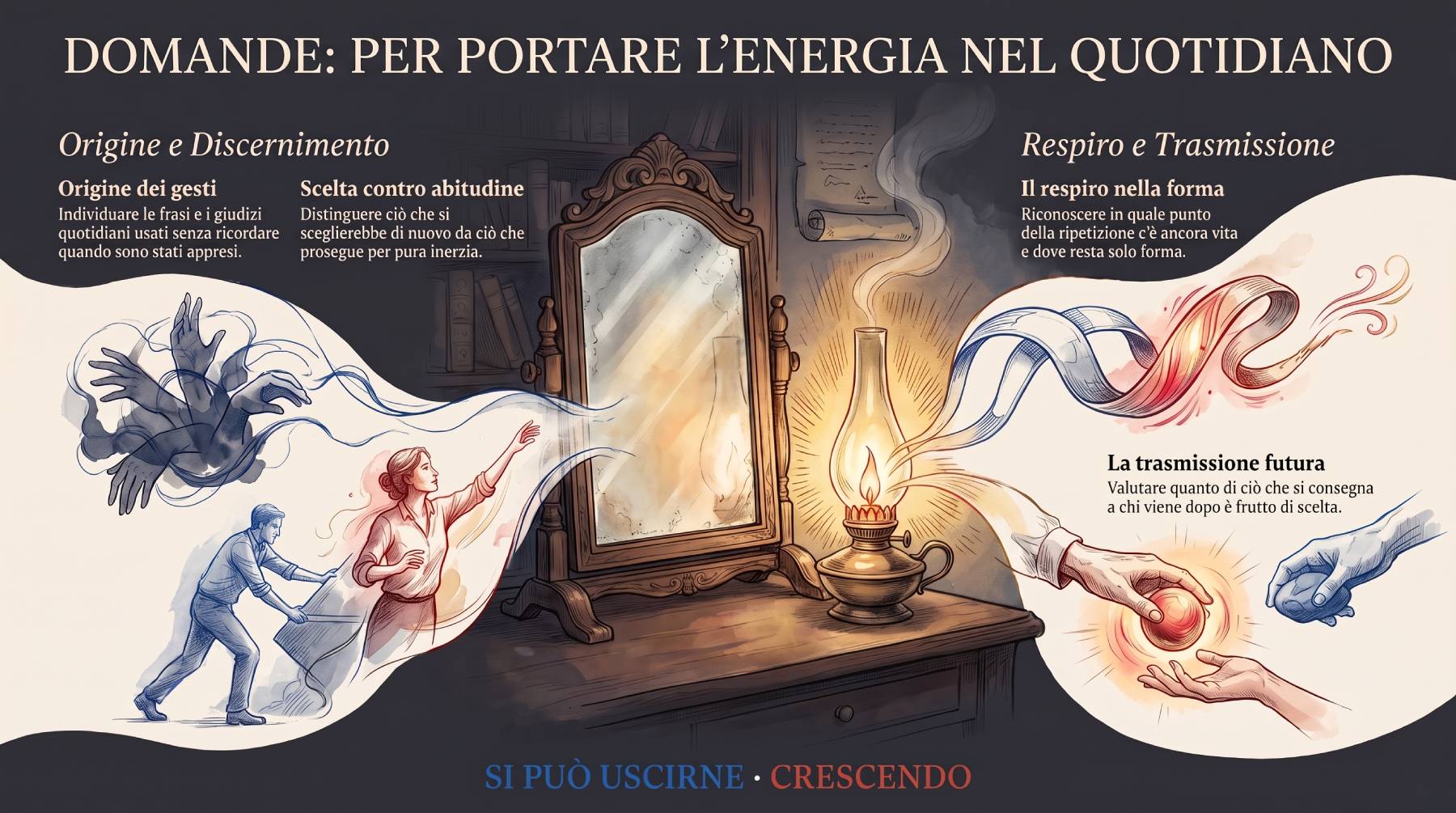 Infografica Domande — Per portare l'energia nel quotidiano. Uno specchio e una lampada, mani d'ombra e di luce: origine dei gesti, scelta contro abitudine, respiro nella forma, trasmissione futura.