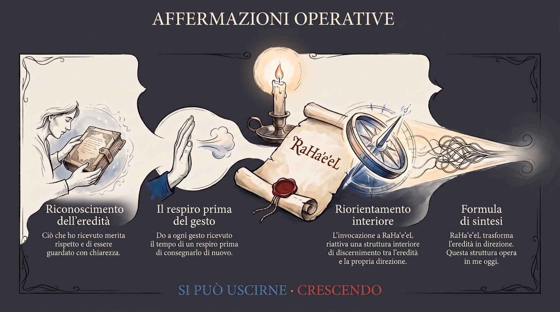 Infografica Affermazioni operative — Riconoscere l'eredità, dare un respiro al gesto, riorientarsi. Una candela, una pergamena sigillata e una bussola portano alla formula di sintesi.