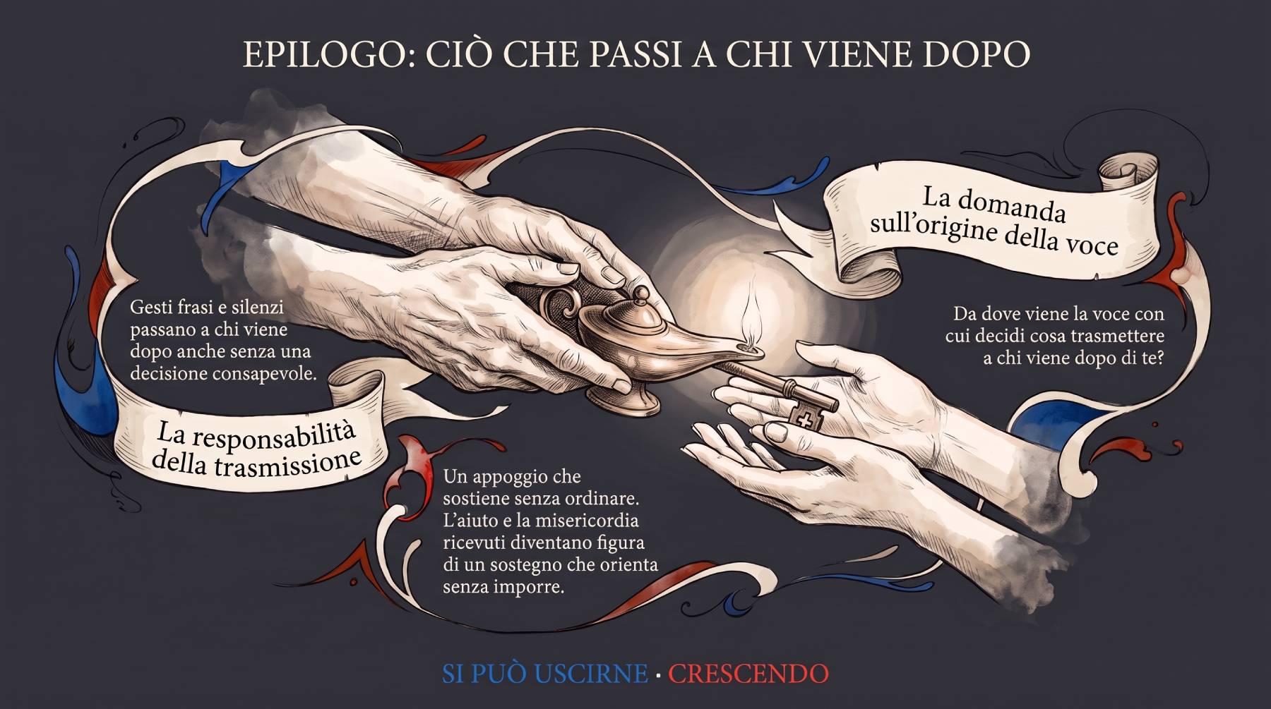 Infografica Epilogo — Ciò che passi a chi viene dopo. Una mano anziana passa una lampada e una chiave a una mano giovane: la responsabilità della trasmissione e la domanda sull'origine della voce.