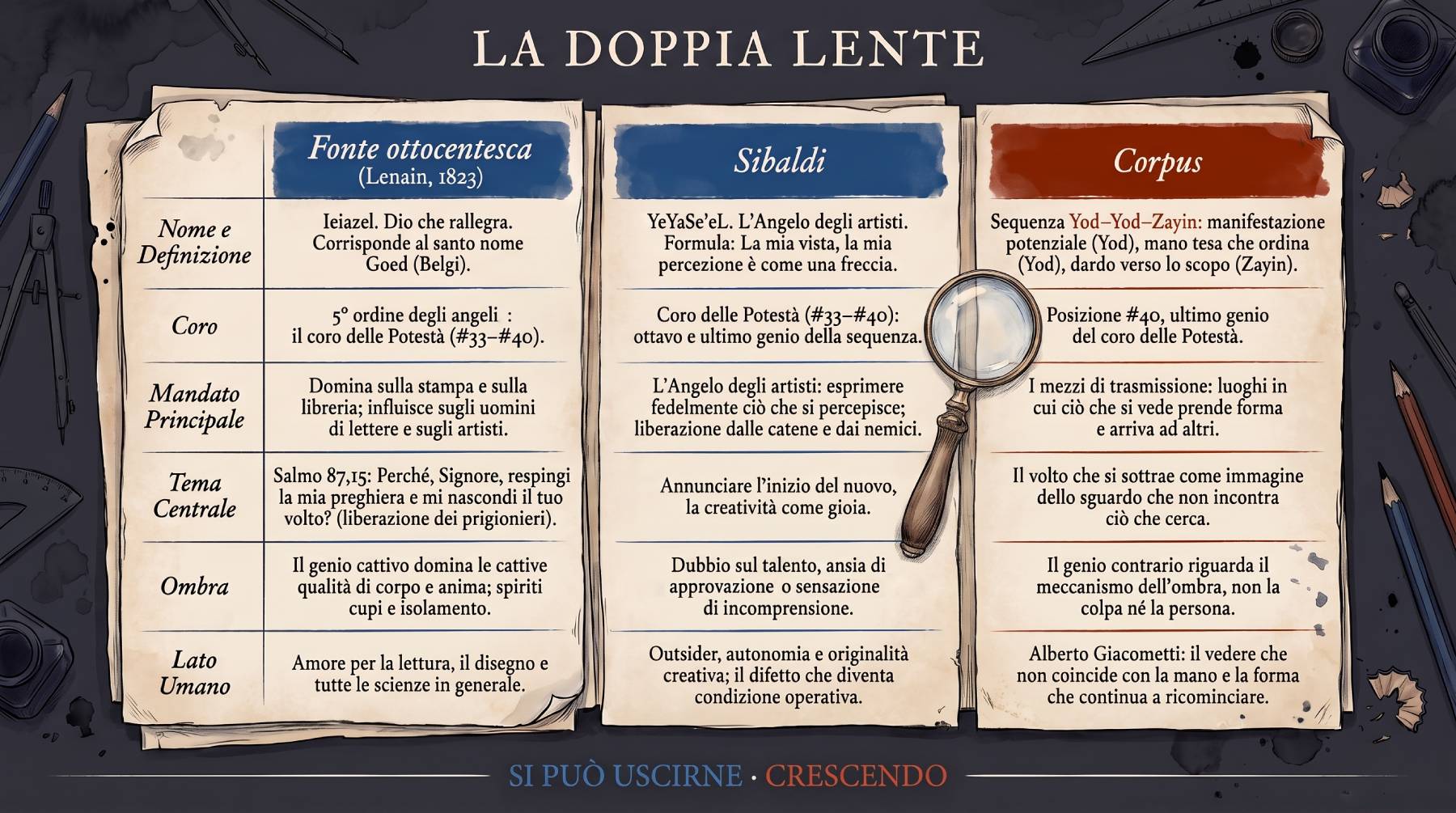 Infografica Doppia Lente — YeYaSeʼeL: tabella a tre colonne (Lenain, Sibaldi, Corpus) che confronta nome, coro, mandato, tema centrale, ombra e lato umano, con una lente d'ingrandimento.
