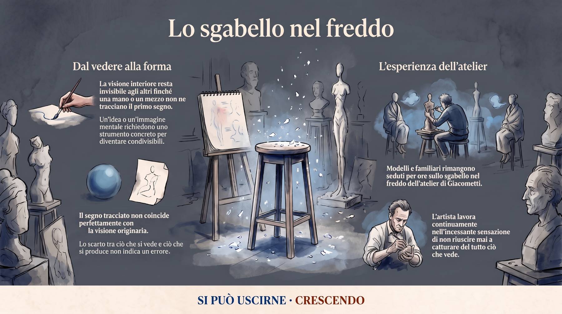 Infografica Prologo — Lo sgabello nel freddo: atelier con sgabello, busti e cavalletto; la visione resta invisibile finché un tratto non la mostra, e lo scarto tra visione e segno non è un errore.