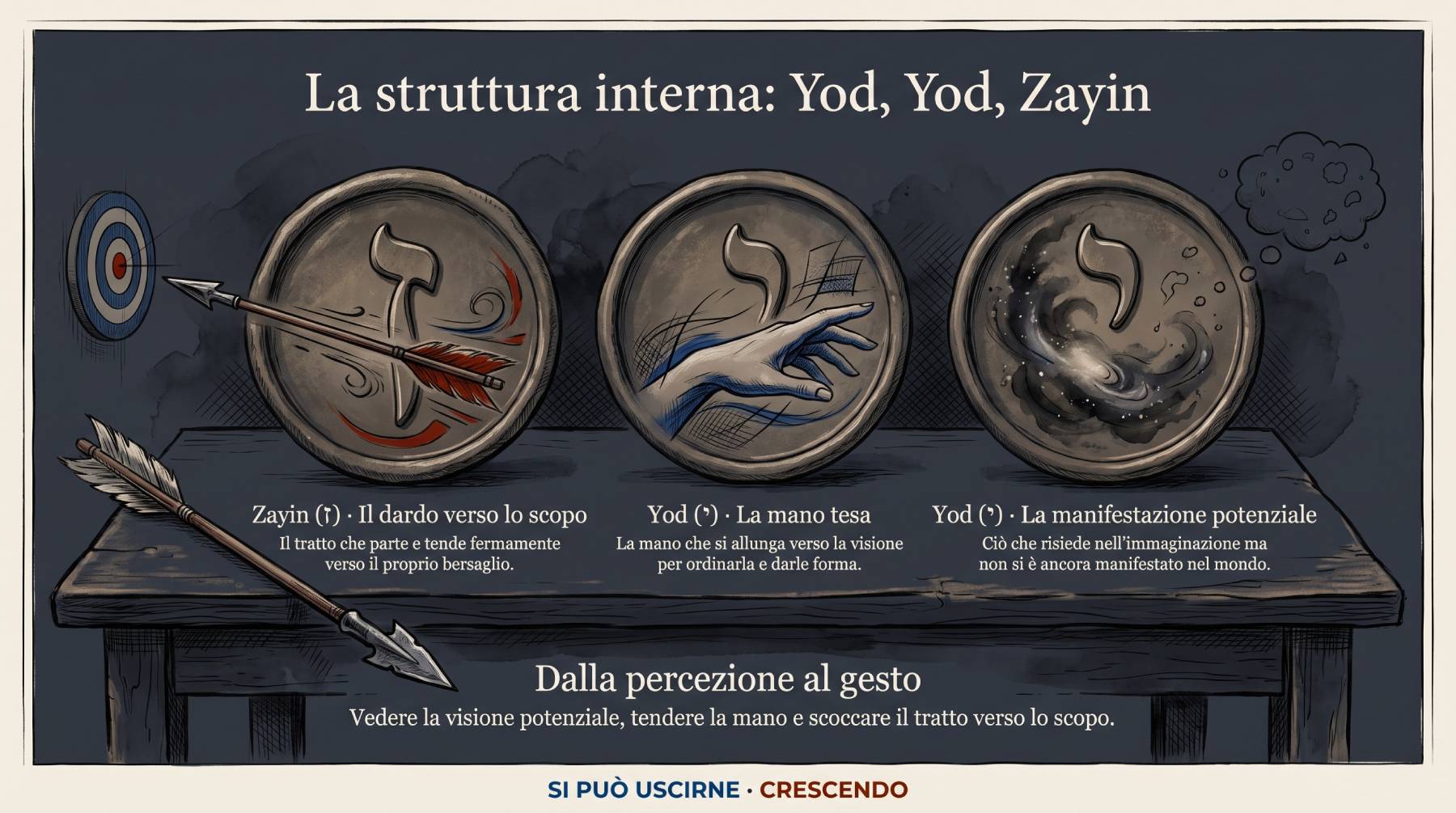 Infografica Parte II — La struttura interna: Yod, Yod, Zayin: tre medaglioni (dardo, mano tesa, manifestazione potenziale) e un bersaglio; dal potenziale alla mano tesa al dardo verso lo scopo.