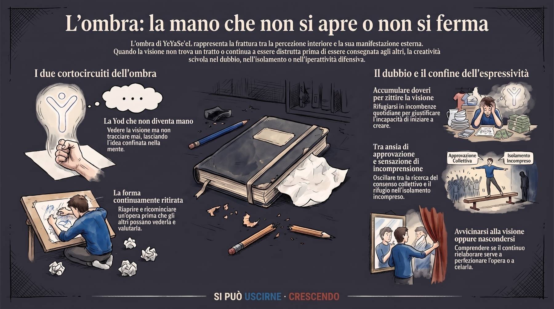Infografica Parte IV — L'ombra: la mano che non si apre o non si ferma: la Yod che non diventa mano, la forma ritirata, doveri accumulati, consenso o incomprensione; rifare per avvicinarsi o celare.