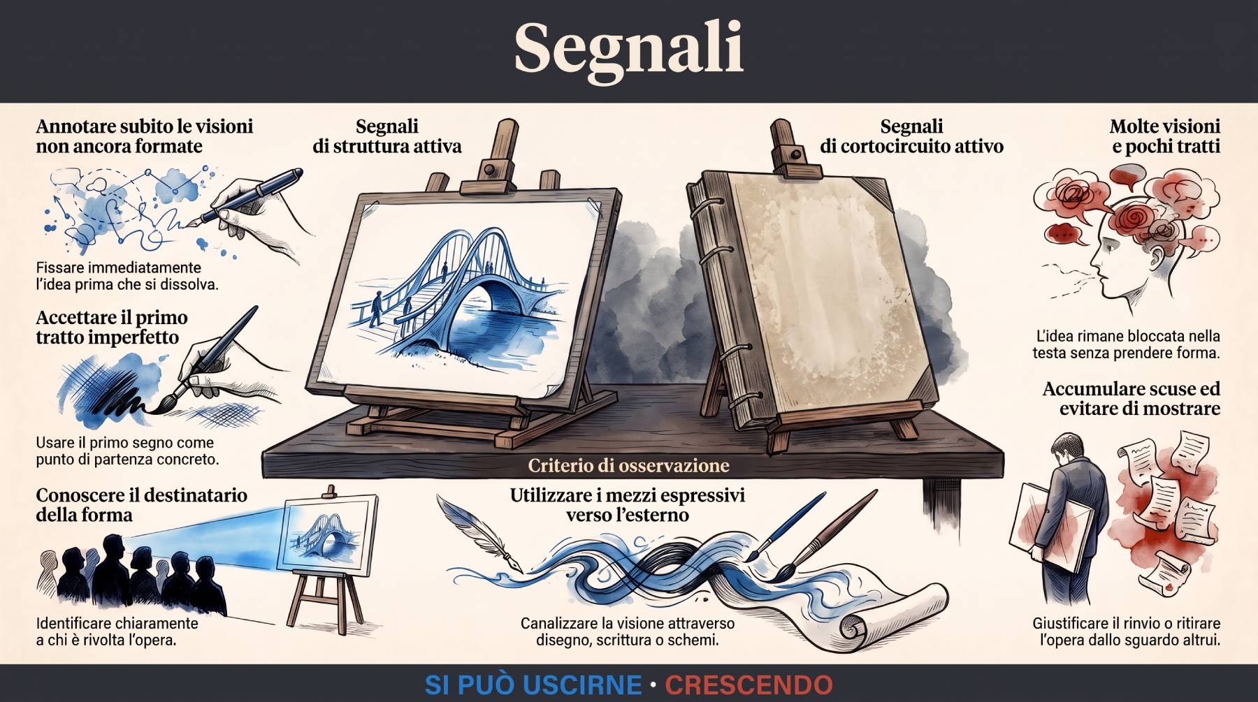 Infografica Segnali — struttura attiva e cortocircuito: due cavalletti, uno con un ponte disegnato e uno con un quaderno vuoto; segnali che il tratto parte e segnali che resta bloccato.