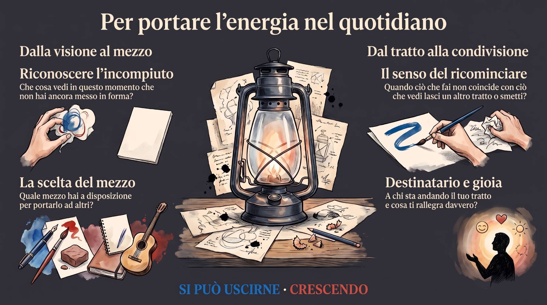 Infografica Domande — Per portare l'energia nel quotidiano: una lanterna tra fogli di schizzi e domande su ciò che vedi, il mezzo, il ricominciare, il destinatario e la gioia.