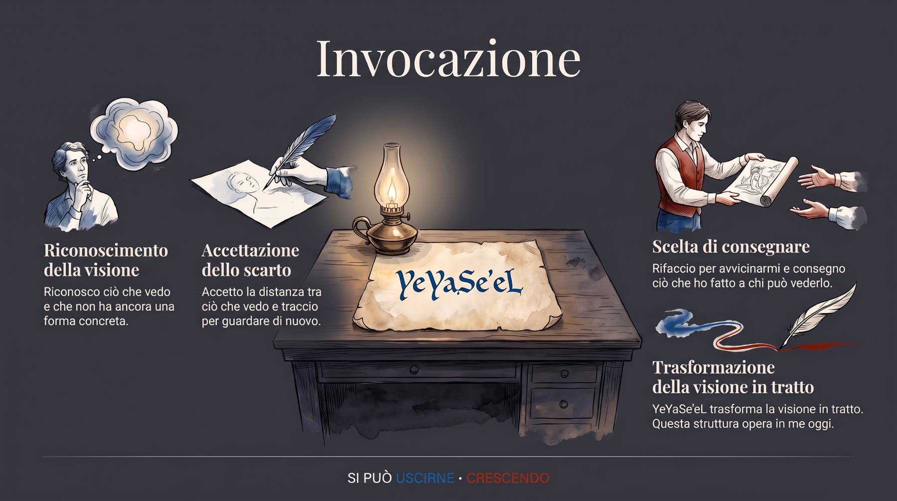 Infografica Invocazione — YeYaSeʼeL trasforma la visione in tratto: scrivania con lampada e pergamena col nome; riconoscere la visione, accettare lo scarto, consegnare, trasformare in tratto.