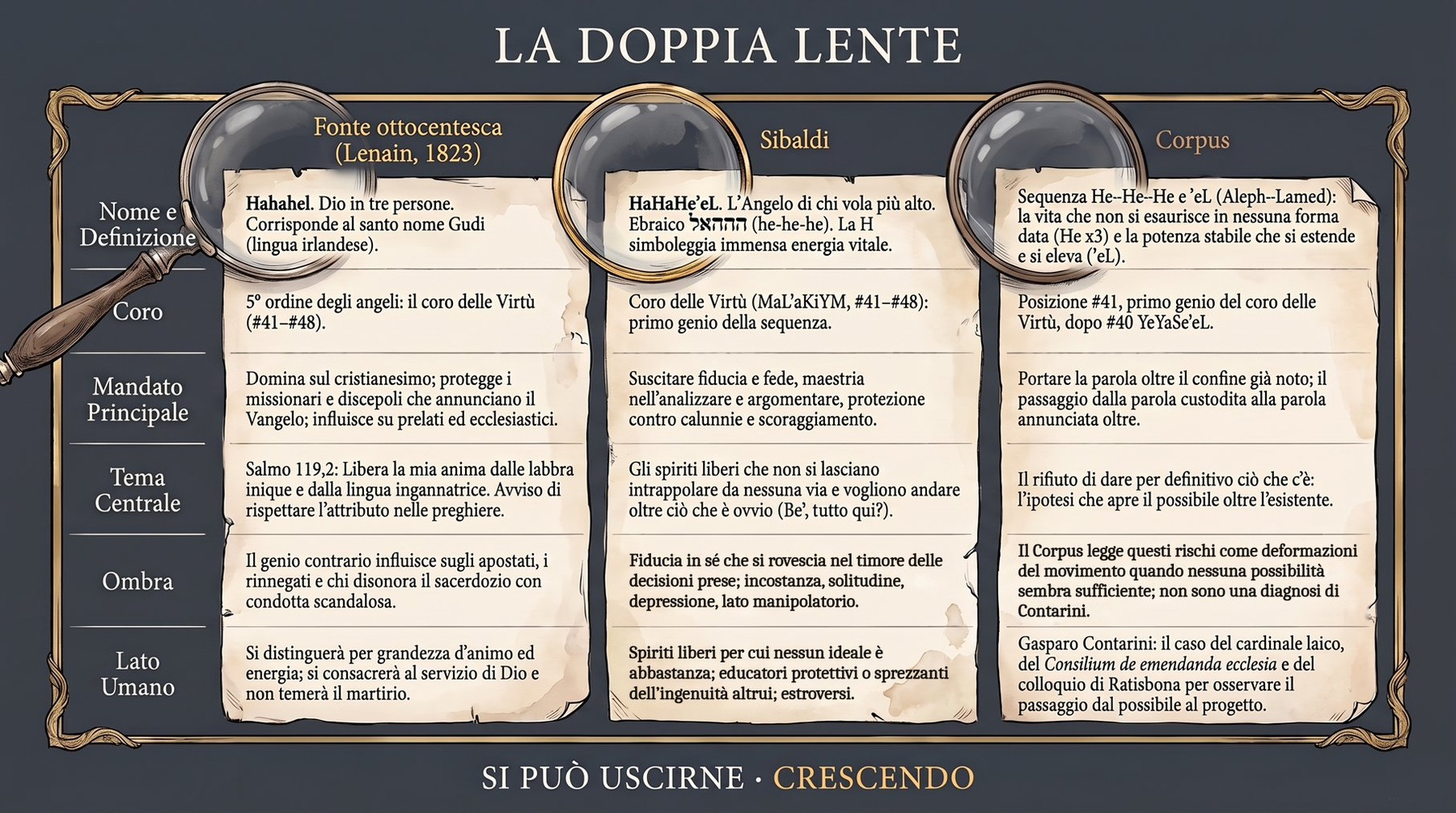 Infografica Doppia Lente — HaHaHeʼeL: tabella a tre colonne (Lenain, Sibaldi, Corpus) che confronta nome, coro, mandato, tema centrale, ombra e lato umano, con tre lenti d'ingrandimento.
