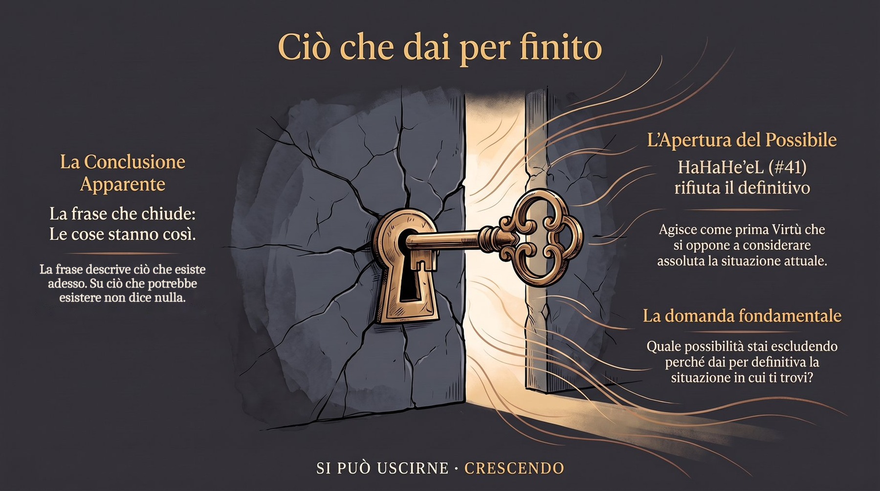Infografica Prologo — Ciò che dai per finito: una chiave nella serratura di un muro crepato apre uno spiraglio di luce; la frase che chiude («le cose stanno così») e la domanda su ciò che escludi.