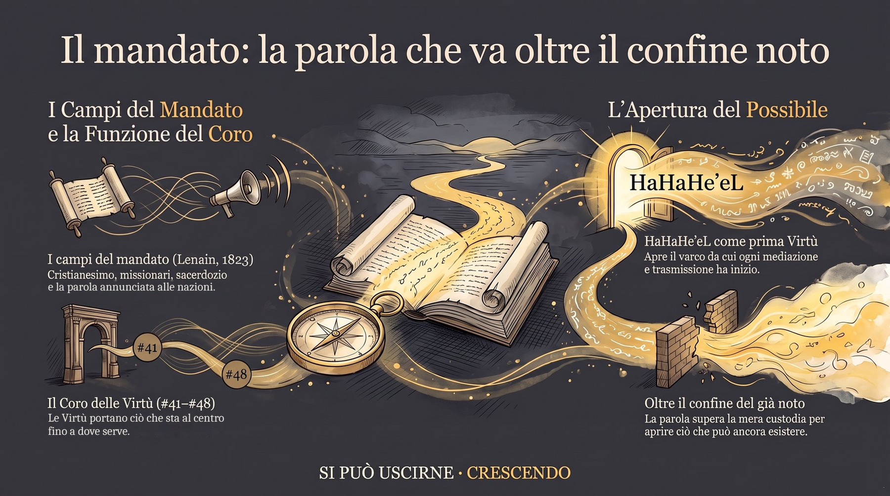 Infografica Parte I — Il mandato: la parola che va oltre il confine noto: dai campi del mandato di Lenain (1823) al coro delle Virtù #41–#48, un sentiero e un varco con il nome HaHaHeʼeL.