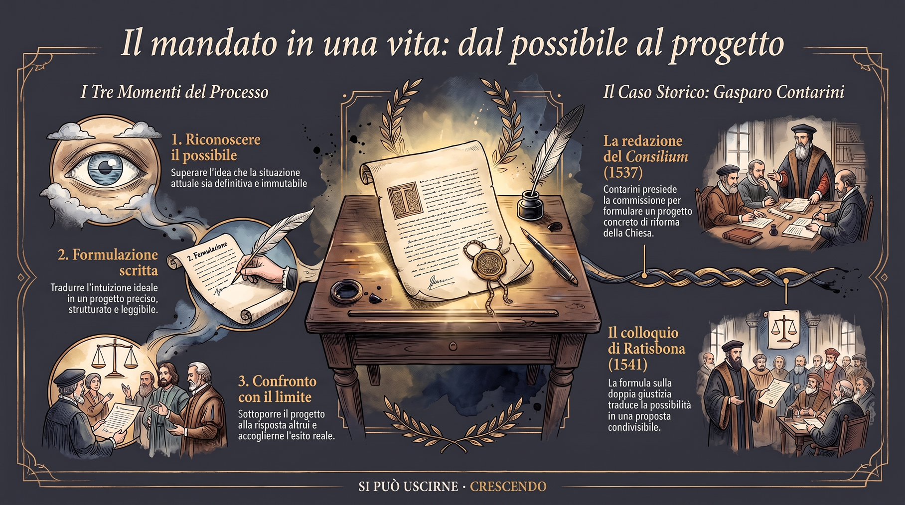 Infografica Parte III — Il mandato in una vita: dal possibile al progetto: tre momenti (riconoscere, scrivere, confrontarsi) e due episodi di Contarini, il Consilium (1537) e Ratisbona (1541).