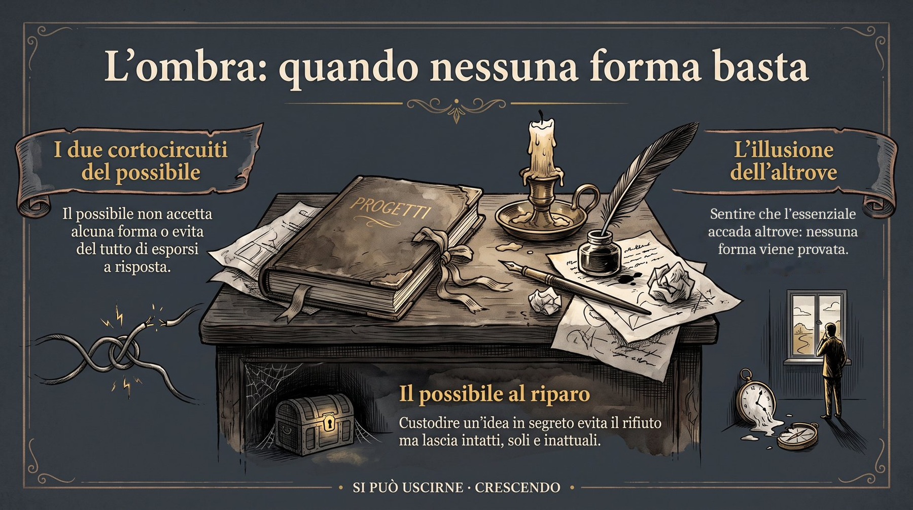 Infografica Parte IV — L'ombra: quando nessuna forma basta: due derive, il possibile che non accetta alcuna forma e quello al riparo dalla risposta; scrivania, forziere, finestra.