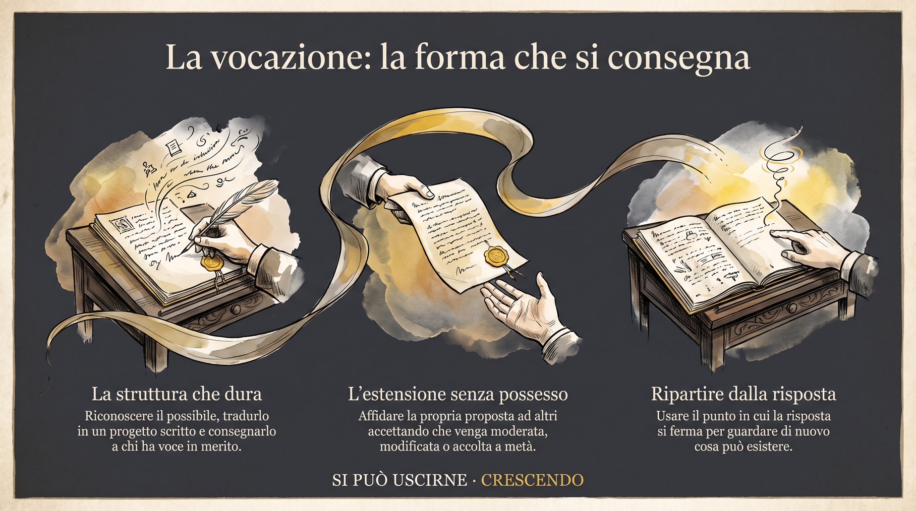 Infografica Parte V — La vocazione: la forma che si consegna: tre scene di mani e fogli: la struttura che dura, l'estensione senza possesso, il ripartire dal punto in cui la risposta si ferma.