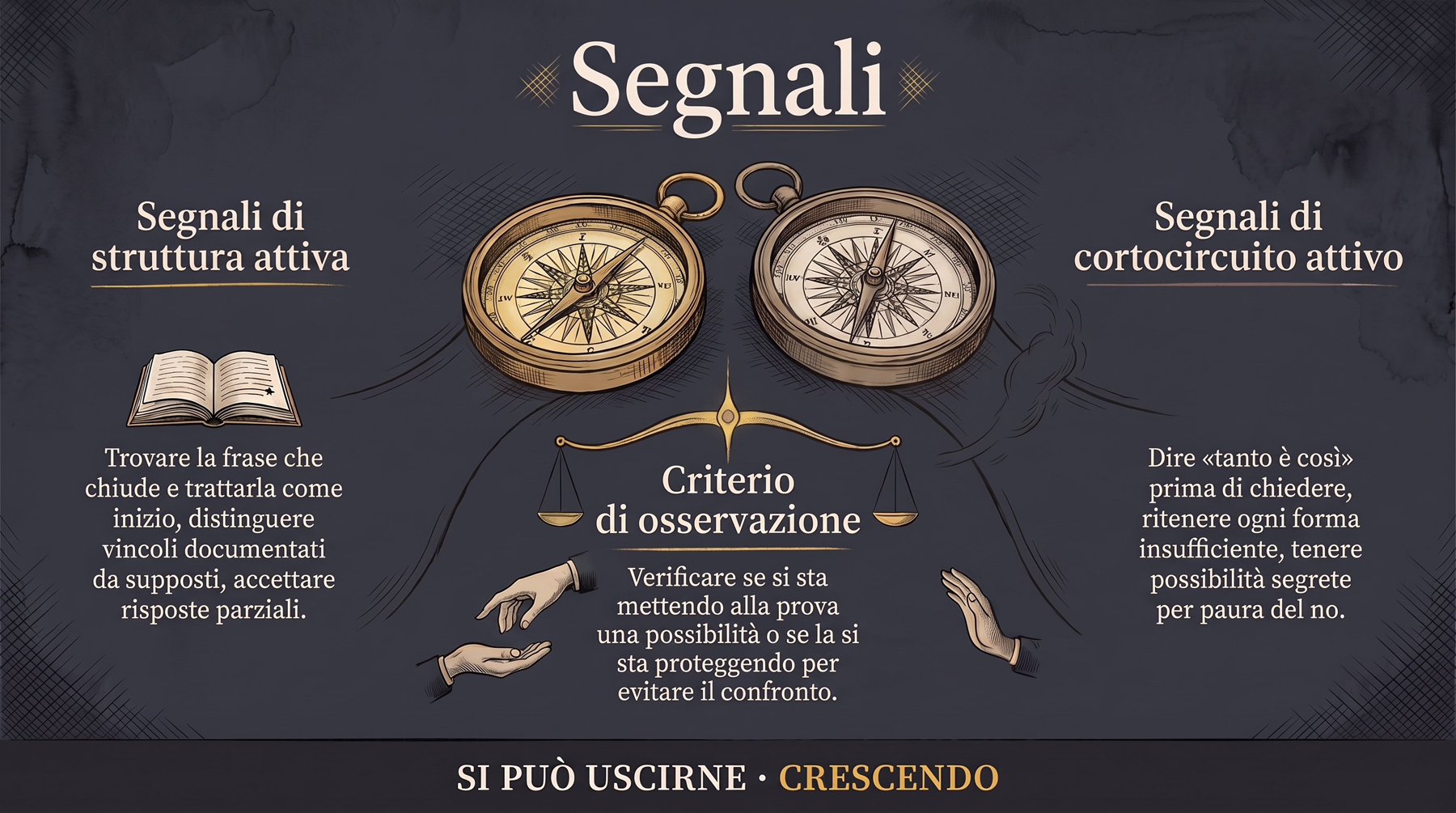 Infografica Segnali — struttura e cortocircuito attivi: due bussole a confronto; a sinistra la frase che chiude trattata come inizio, a destra il «tanto è così» e le possibilità tenute segrete.