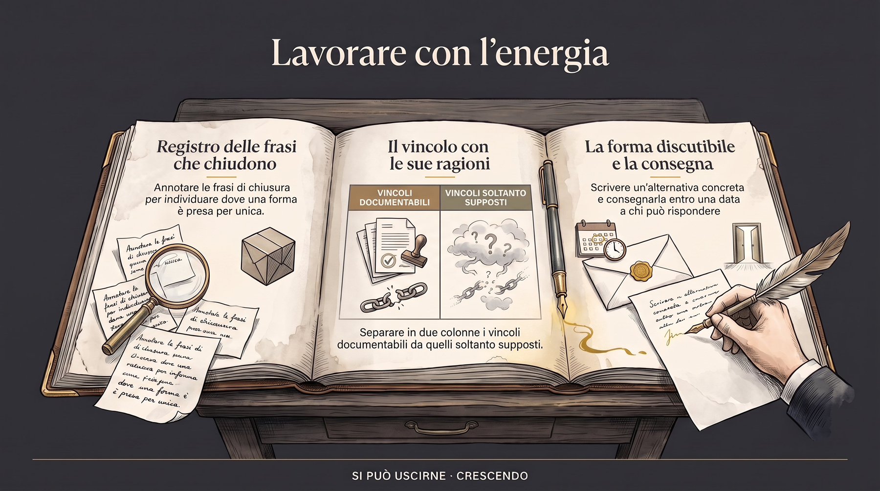 Infografica Esercizi — Lavorare con l'energia: un libro aperto su tre pagine: il registro delle frasi che chiudono, il vincolo con le sue ragioni in due colonne, la forma discutibile e la consegna.