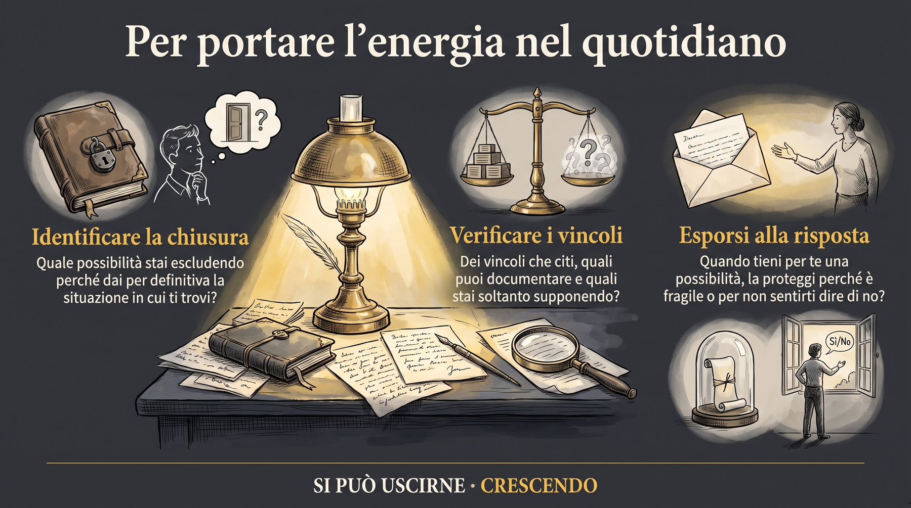 Infografica Domande — Per portare l'energia nel quotidiano: una lampada accesa su una scrivania illumina tre domande: identificare la chiusura, verificare i vincoli, esporsi alla risposta.