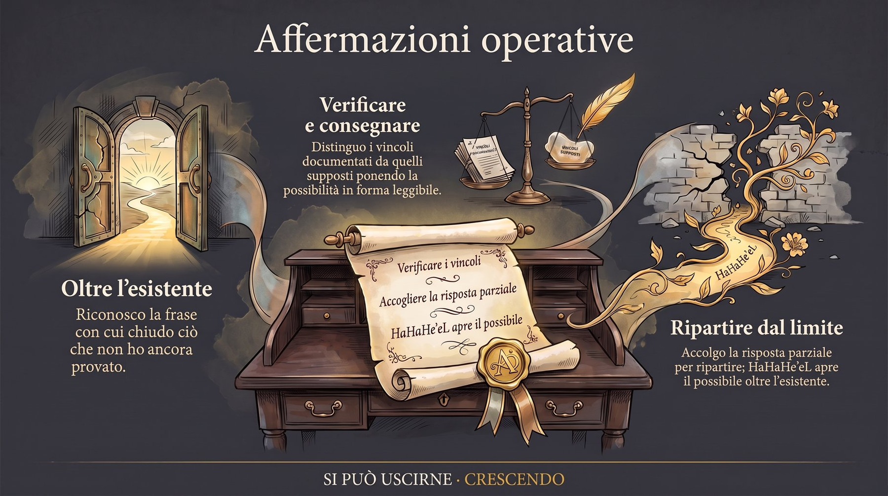 Infografica Affermazioni — Affermazioni operative: una pergamena su una scrivania con «verificare i vincoli» e «accogliere la risposta parziale»; una porta aperta, un muro e un ramo dorato.