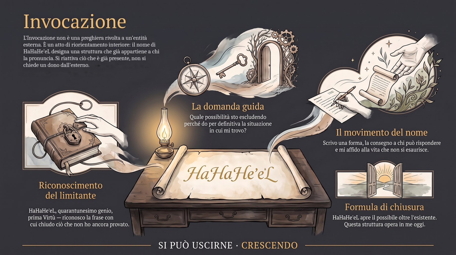 Infografica Invocazione — HaHaHeʼeL apre il possibile oltre l'esistente: il nome su una pergamena, la domanda guida, il movimento del nome (scrivere, consegnare, affidarsi) e la formula di chiusura.