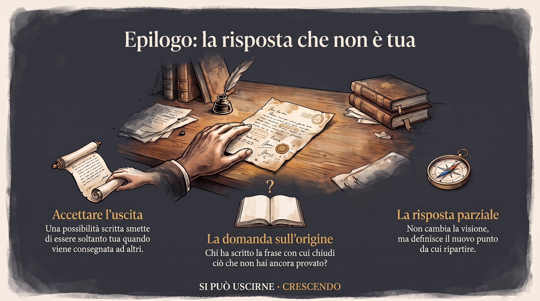 Infografica Epilogo — La risposta che non è tua: una mano su un foglio scritto, un rotolo e un libro aperto con un punto interrogativo; accettare l'uscita e ripartire dalla risposta parziale.
