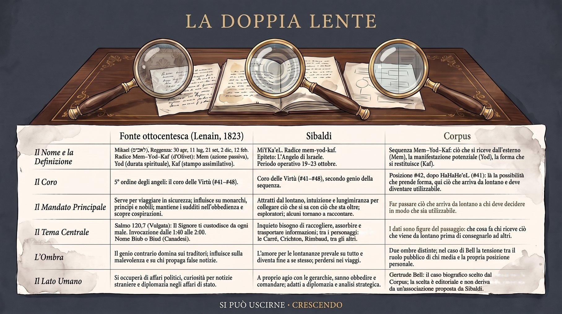 Infografica Doppia Lente — MiYKaʼeL: tabella a tre colonne (Lenain, Sibaldi, Corpus) che confronta nome, coro, mandato, tema centrale, ombra e lato umano, con tre lenti d'ingrandimento.