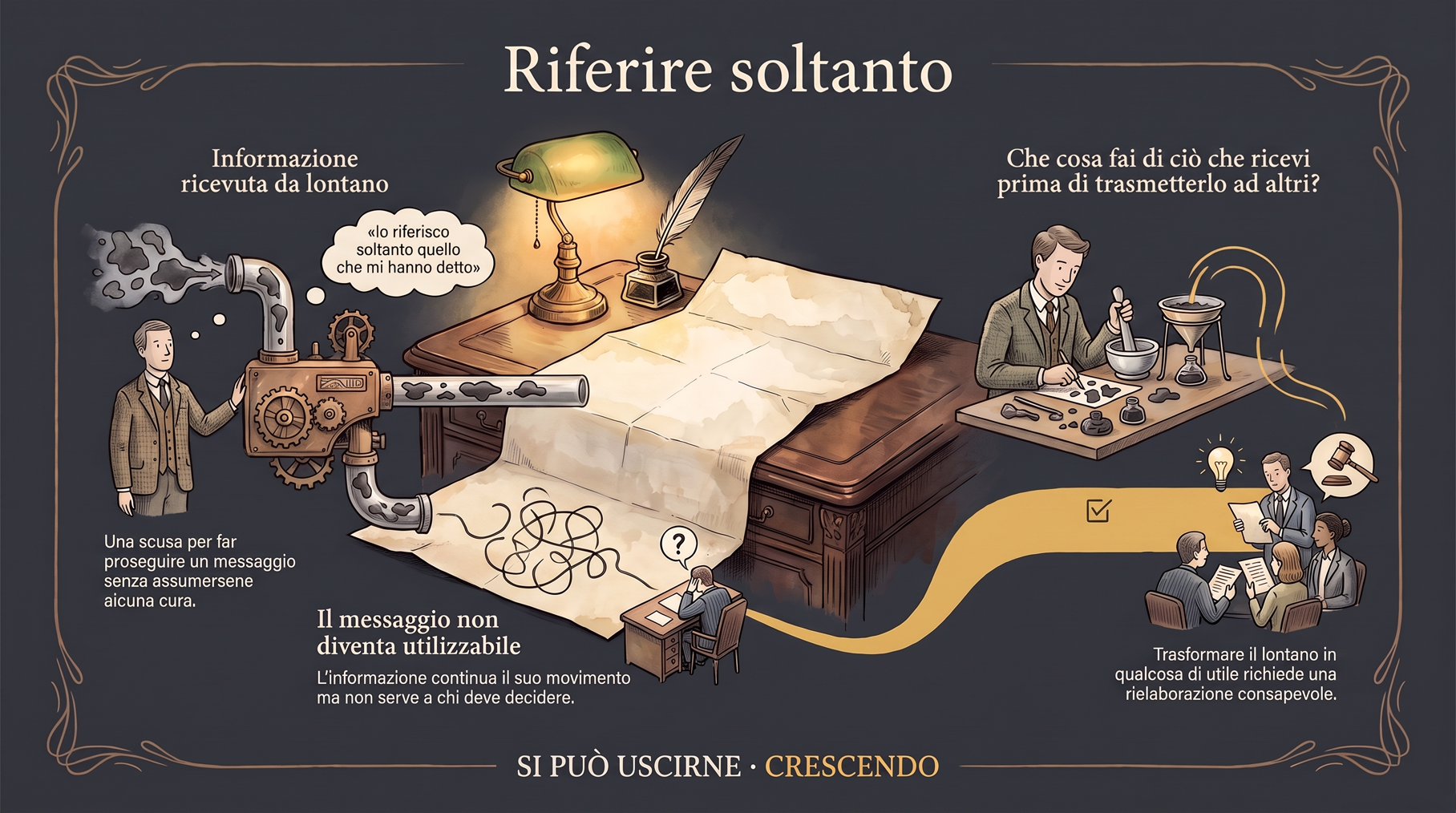 Infografica Prologo — Riferire soltanto: la frase «Io riferisco soltanto quello che mi hanno detto» e un meccanismo che fa passare il messaggio senza renderlo utilizzabile; la domanda sul riceverlo.