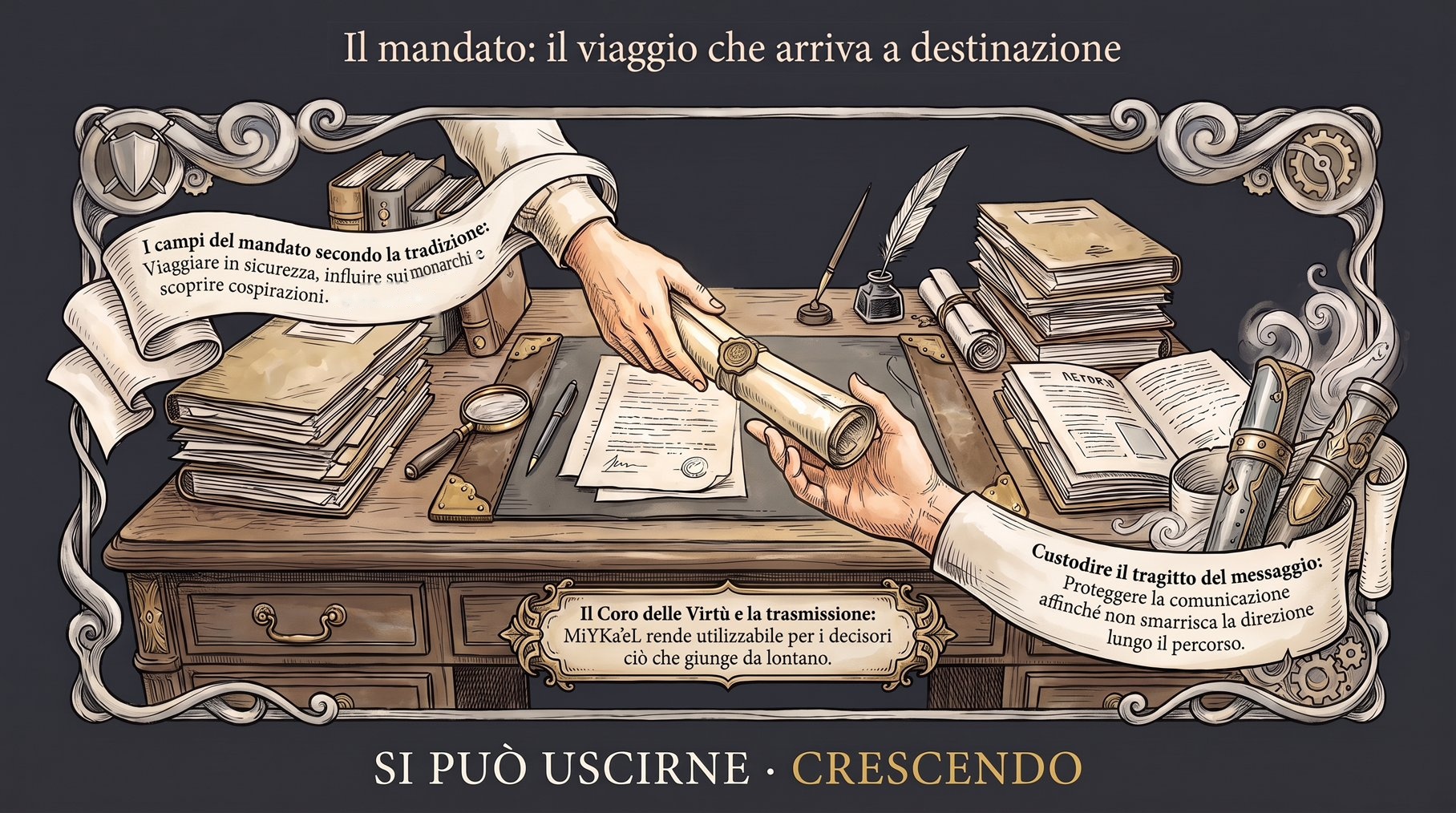 Infografica Parte I — Il mandato: il viaggio che arriva a destinazione: due mani si passano un rotolo sigillato; i campi del mandato di Lenain, il coro delle Virtù e la custodia del tragitto.