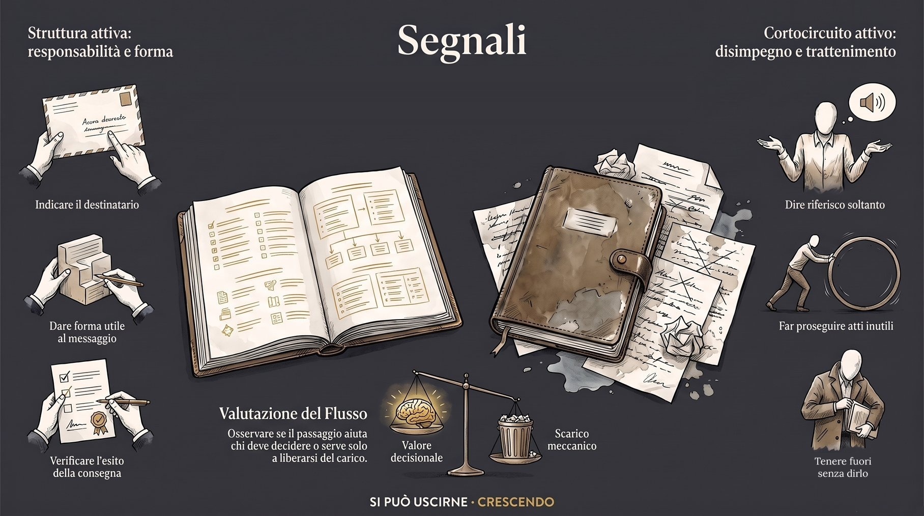 Infografica Segnali — struttura e cortocircuito attivi: a sinistra indicare il destinatario, dare forma, verificare la consegna; a destra «riferisco soltanto», atti inutili, tenere fuori senza dirlo.