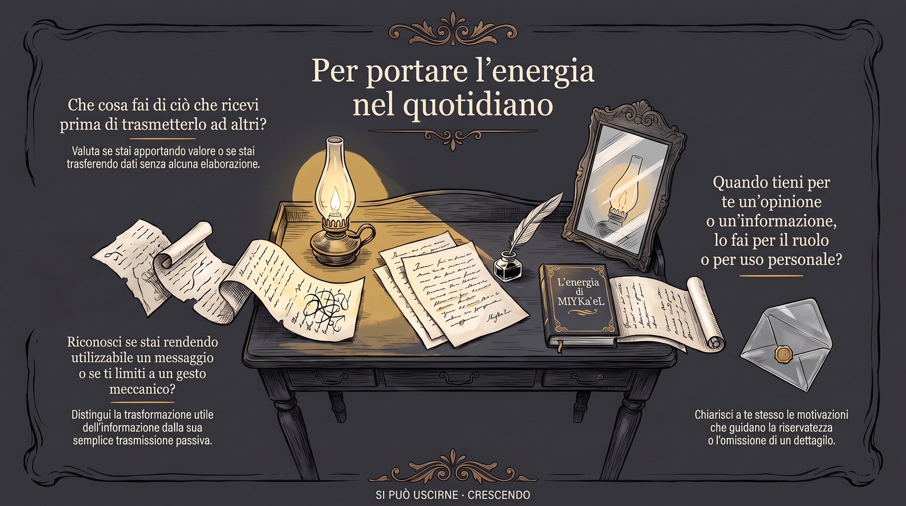 Infografica Domande — Per portare l'energia nel quotidiano: una lampada su una scrivania; domande su che cosa fai di ciò che ricevi, sul messaggio utilizzabile e su ciò che tieni per te.