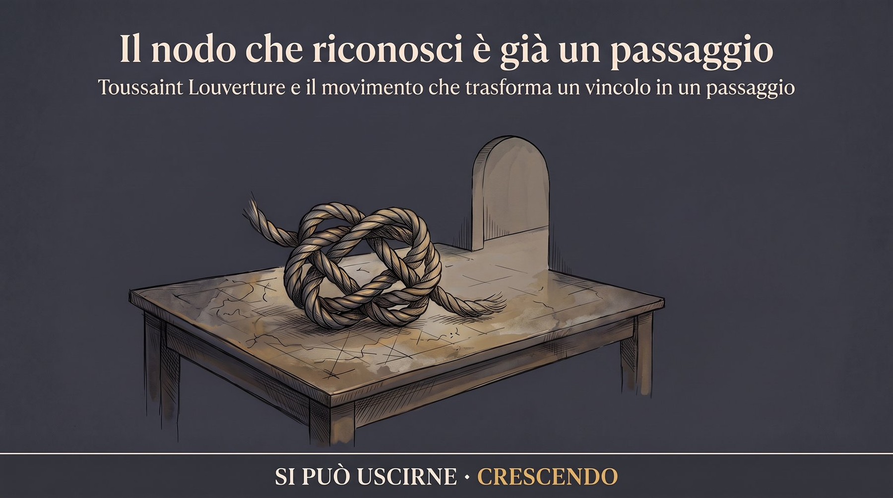 Copertina — Il nodo che riconosci è già un passaggio: un nodo di corda su un tavolo, accanto a una lastra ad arco; il vincolo che diventa passaggio, con Toussaint Louverture come caso storico.