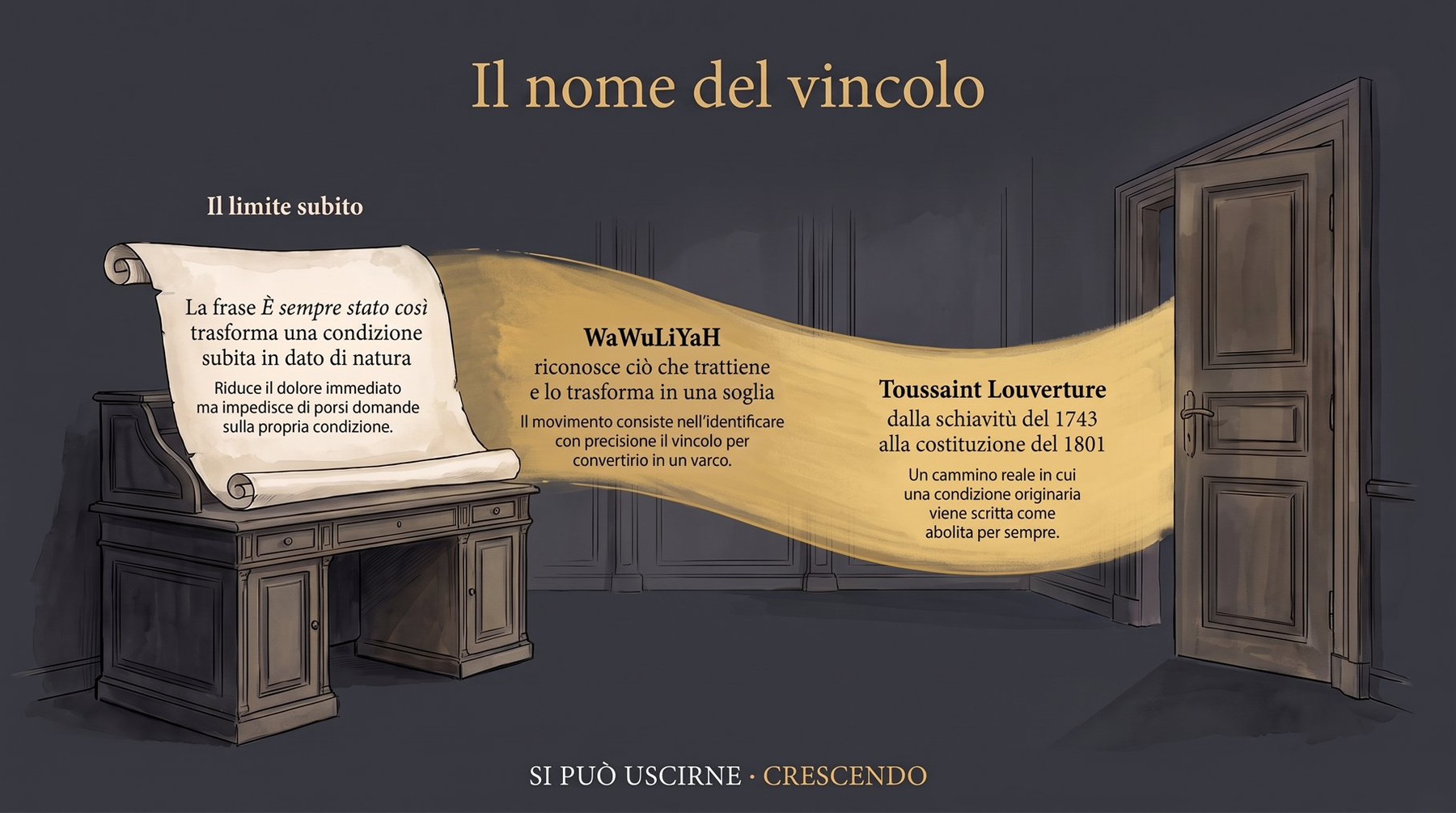 Infografica Prologo — Il nome del vincolo: «È sempre stato così» trasforma una condizione subita in dato di natura; una pergamena su uno scrittoio, un nastro dorato, una porta aperta.