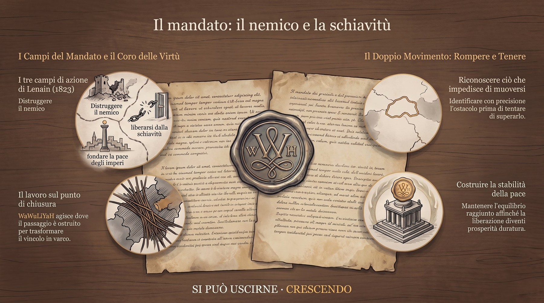 Infografica Parte I — Il mandato: il nemico e la schiavitù: cerchi illustrati su pergamene con sigillo di cera; i campi del mandato di Lenain, il punto di chiusura, rompere e tenere.