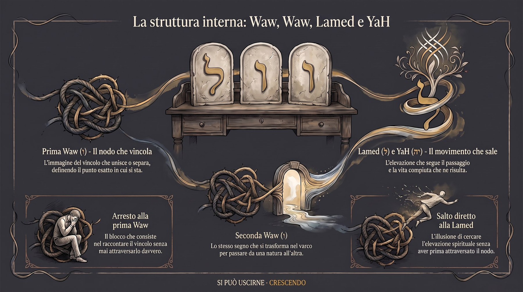 Infografica Parte II — La struttura interna: Waw, Waw, Lamed e YaH: tre tavole con le lettere, nodi di corda e un varco di luce; due figure: chi si ferma alla prima Waw, chi salta alla Lamed.