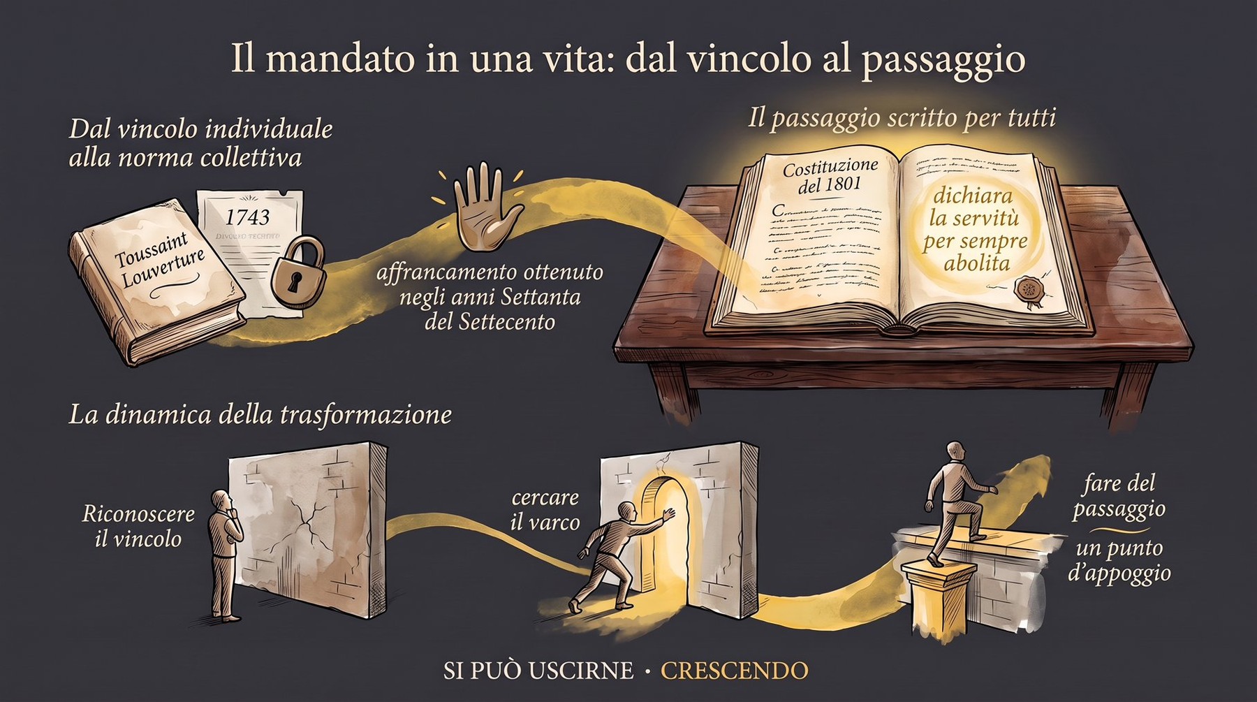Infografica Parte III — Il mandato in una vita: dal vincolo al passaggio: dal libro di Toussaint Louverture alla Costituzione del 1801; muro, varco e gradino: riconoscere, cercare, appoggiarsi.