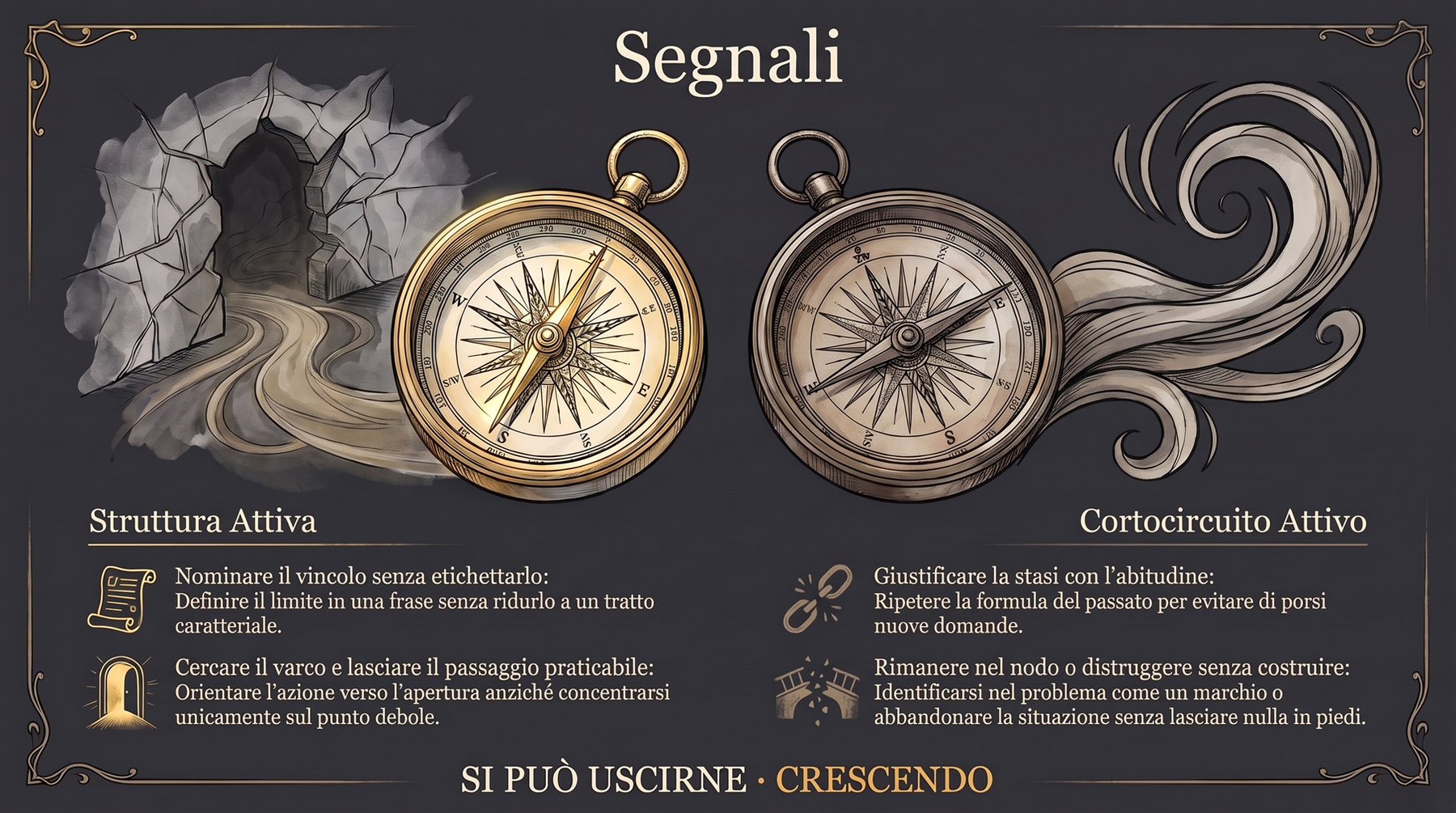 Infografica Segnali — struttura attiva e cortocircuito attivo: due bussole, una dorata e una spenta, con i segnali: nominare il vincolo e cercare il varco, oppure restare nel nodo.