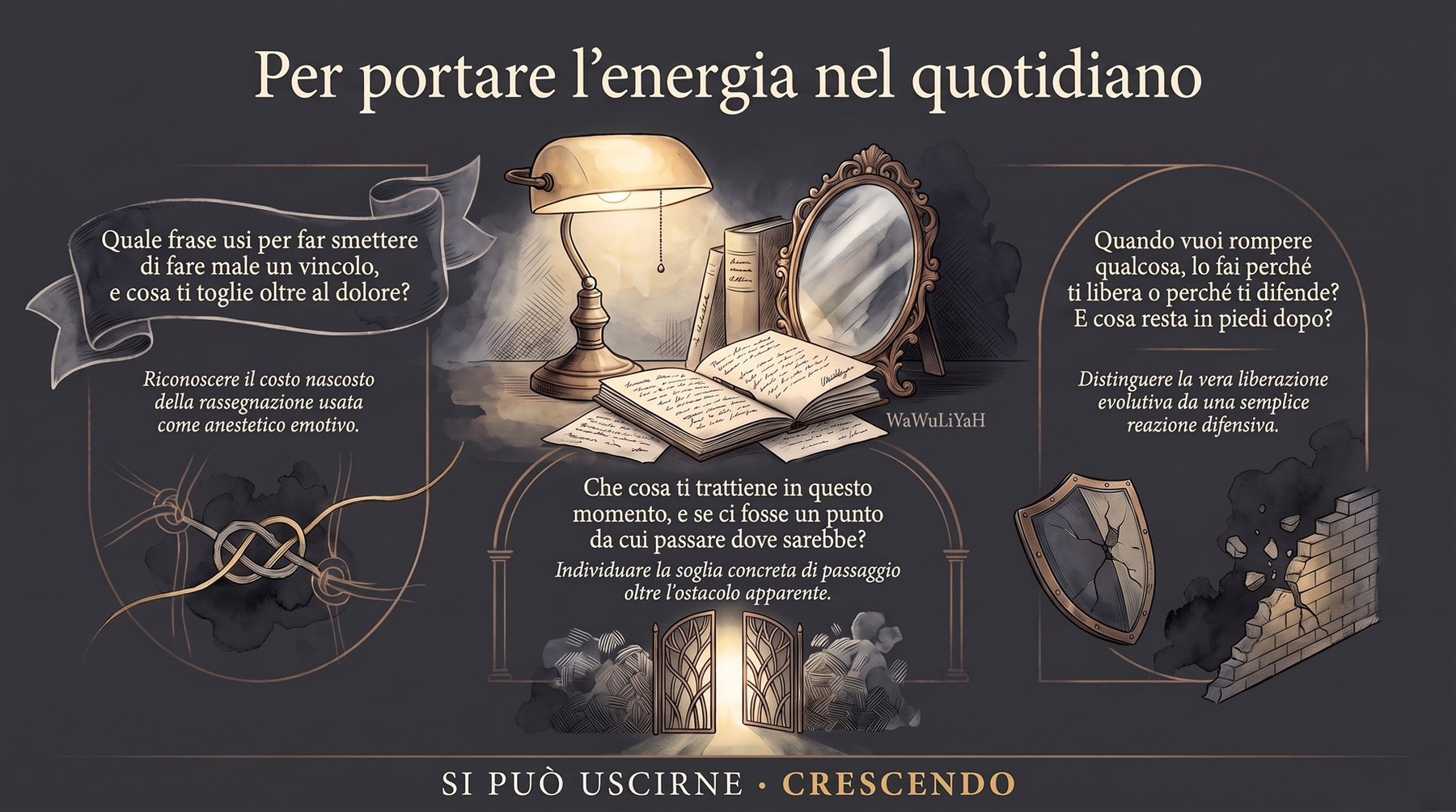 Infografica Domande — Per portare l'energia nel quotidiano: una lampada, un libro e uno specchio; tre domande sul vincolo, sul punto da cui passare e sulla rottura che libera o difende.