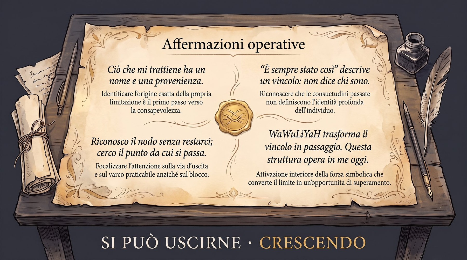Infografica Affermazioni operative — una pergamena con sigillo dorato e quattro affermazioni: il vincolo ha un nome, «è sempre stato così» non dice chi sono, cerco il punto da cui si passa.