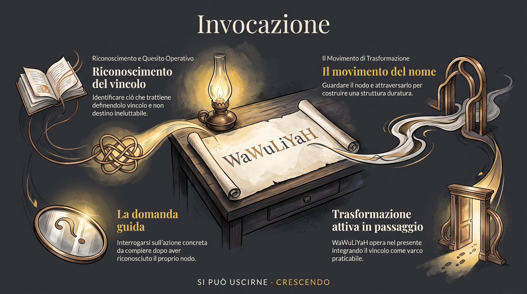 Infografica Invocazione — WaWuLiYaH: il nome su una pergamena sotto una lampada; riconoscimento del vincolo, movimento del nome, domanda guida e porta aperta, con un nodo e uno specchio.